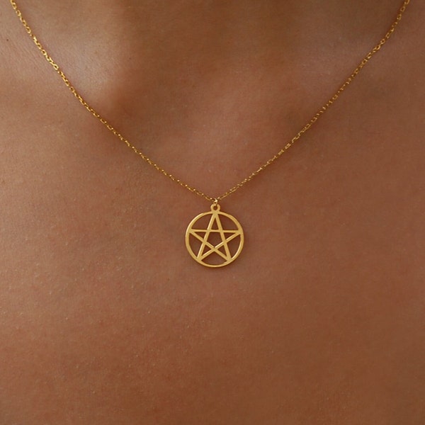14K Solid Gold Pentagram Necklace, Pentacle Necklace, Geometric Star Necklace, Pentagram Pendant, Gold Star Necklace, Birthday Gift for Her