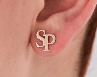 Pendientes de oro macizo de 14 quilates con iniciales entrelazadas, personalizados, con letras, regalo de cumpleaños.