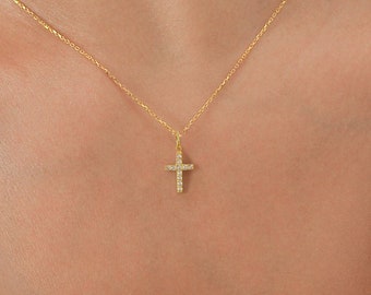 14K Solid Gold Cross Necklace for Women, Cross Pendant, Christian Necklace, Tiny Crucifix Necklace for Little Girl, Gift for Mothers