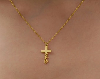 14K Solid Gold Cross Name Necklace, Personalized Necklace, Personalized Cross Necklace, Cross Necklace with Name, Birthday Gift