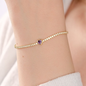 18K Yellow Gold Vermeil Heart Tennis Bracelet, Amethyst Bracelet, 2mm Tennis Bracelet with Heart, Love Bracelet, Birthday Gift