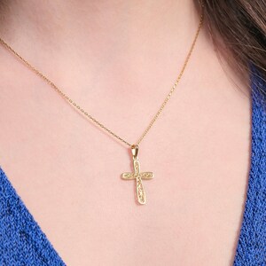 14K Solid Gold Cross Necklace for Women, Greek Pattern Cross Necklace, Floral Cross Necklace, Catholic Necklace, Gift for Mothers Day