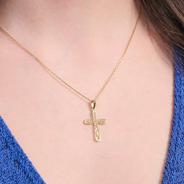 14K Solid Gold Cross Necklace for Women, Greek Pattern Cross Necklace, Floral Cross Necklace, Catholic Necklace, Gift for Mothers Day
