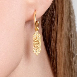 18K Gold Vermeil Snake Dangle Earrings, Snake Jewelry, Serpent Earrings, Snake Hoop Earrings, Lightweight Earrings, Snake Year Gift