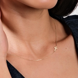 14K Solid Gold Horizontal Cross Necklace, Cross Necklace Women, Dainty Cross Necklace, Gift for Her