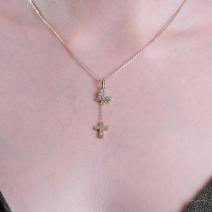 14K Gold Butterfly Cross Necklace, Crucifix Y Necklace, Butterfly Lariat Necklace, Cross with Butterfly Necklace for Women, Gift for Her