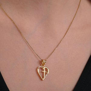 18K Gold Vermeil Cross With Heart Necklace, Heart Cross Necklace, Cross Necklace Women, Heart Cross Pendant, Gift for Woman