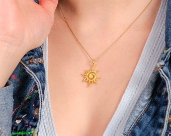 14K Gold Vermeil Sunburst Necklace, Sun Pendant Necklace, Dainty Sun Jewelry, Celestial Necklace, Sunshine Necklace, Gift for Mothers Day