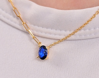 18K Gold Vermeil Blue Stone Necklace, Mixed Paperclip Chain Necklace, Non Tarnish Necklace, Gift for Mothers Day