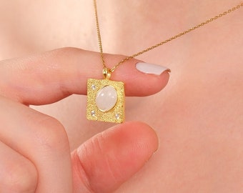 14K gouden Vermeil opaal ketting, sierlijke opaal ketting vrouwen, vierkante ketting met opaal, witte opaal sieraden, cadeau voor Moederdag