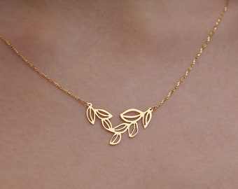 14K Solid Gold Leaf Necklace, Dainty Olive Leaf Necklace, Dainty Necklace, Leaf Jewelry, Gold Plant Necklace, Gift for Girlfriend