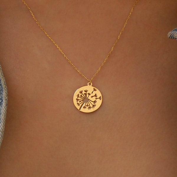 14K Solid Gold Pusteblume Halskette, Zierliche Blumen Halskette, Wunsch Halskette für Bestfriend, Zierliche Wildblumen Halskette, Muttertagsgeschenk