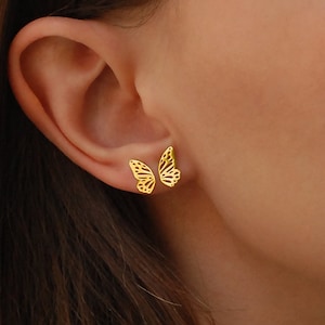 14K Solid Gold Butterfly Wing Earrings, Double Piercing Earrings, Gold Half Wing Butterfly Stud Earrings, Butterfly Earrings, Summer Jewelry