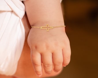 14K Solid Gold Cross Bracelet, Dainty Crucifix Tiny Bracelet for Kids and Baby, Baptism Gift, Religious Charm, Baby Boy, Baptism Gift Girl