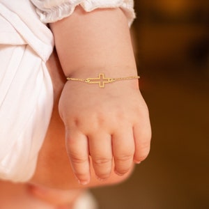 14K Solid Gold Cross Bracelet, Dainty Crucifix Tiny Bracelet for Kids and Baby, Baptism Gift, Religious Charm, Baby Boy, Baptism Gift Girl