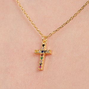 18K Gold Vermeil Multicolor Cross Necklace, Colorful Gemstone Necklace, Tiny Cross Necklace, Rainbow Cross Necklace, Birthday Gift