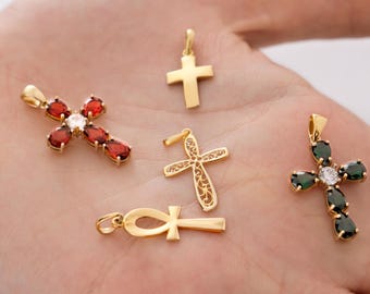 14K Solid Gold Cross Necklace for Women, Greek Pattern Cross Necklace, Floral Cross Necklace, Catholic Necklace, Gift for Woman
