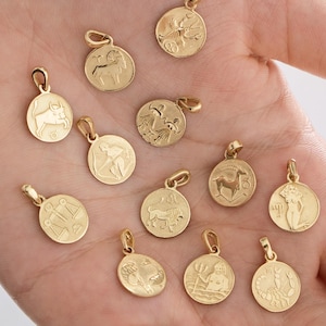 14K Solid Gold Zodiac Necklace, Zodiac Coin Necklace, Astrology Necklace, Coin Zodiac Pendant,  Birthday Gift