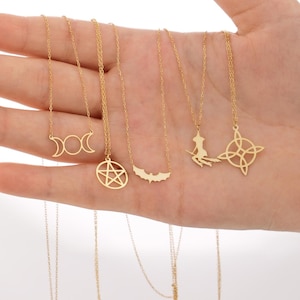 14K Solid Gold Witch Necklace, Goth Necklace, Witch Jewelry, Flying Witch Necklace on the Broom, Jewelry Gift Witch, Birthday Gift