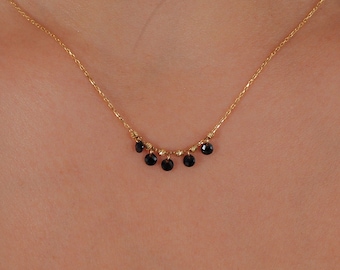 14K Solid Gold Black Onyx Necklace, Black Beaded Necklace, Onyx Jewelry,  Black Stone Necklace, 5th Anniversary Gift for Wife, Gift for Mom