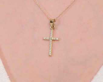 14K Solid Gold Dainty Kreuz Halskette, religiöser Schmuck, Christian Halskette, Kreuz Halskette Frauen, Geschenk für Mama