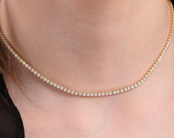 18K Gold Vermeil Tennis Necklace,  Choker Necklace,  CZ Tennis Necklace,  2mm Round Cut Tennis Necklace for Women, Mothers Day Gift