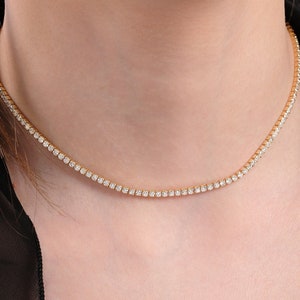 18K Gold Vermeil Tennis Necklace,  Choker Necklace,  CZ Tennis Necklace,  2mm Round Cut Tennis Necklace for Women, Mothers Day Gift