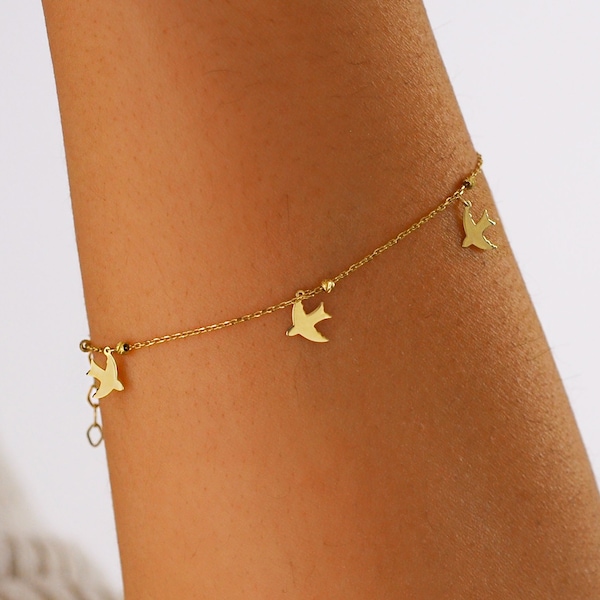 Bracelet colombe en or massif 14 carats, bracelet délicat oiseau volant, bracelet petite colombe, bracelet minimaliste, cadeau pour amoureux des animaux, cadeaux de fête des mères