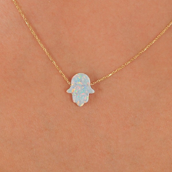 14K Solid Gold Hamsa Hand Necklace, Protection Opal Pendant, Opal White Hamsa Hand Necklace, Gold Protection Jewelry, Gift for Mothers