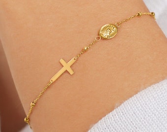 14K Solid Gold Cross Bracelet, Rosary Bracelet for Women, Miraculous Medal, Ball and Cross Bracelet for Women, Gift for Mom for Women