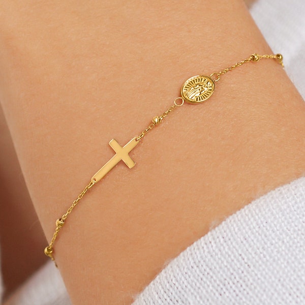 14K Solid Gold Cross Bracelet, Rosary Bracelet for Women, Miraculous Medal, Ball and Cross Bracelet for Women, Gift for Mom for Women
