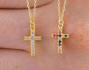 18K Gold Vermeil Cross Necklace, Colorful Gemstone Pendant, Birthday Gift Women