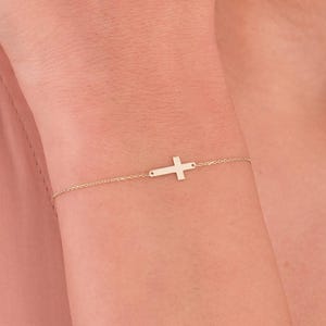 14K Solid Gold Sideways Cross Bracelet, Religious Bracelet, Cross Bracelet for Women, Dainty Cross Jewelry, Birthday Gift
