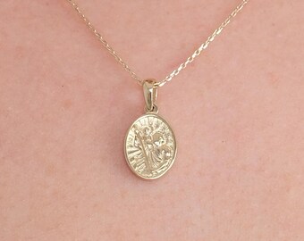 St Christopher Necklace, Catholic Medal Pendant, Solid Gold or Gold Plated