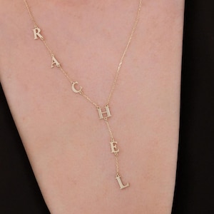 14K Solid Gold Personalized Lariat Necklace, Initial Y Necklace, Drop Name Necklace, Custom Letter Necklace, Summer Jewelry, Birthday Gift