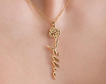 14K Solid Gold Birth Flower Name Necklace, Name Necklace, Birth Flower Necklace, Personalized Birthday Gift