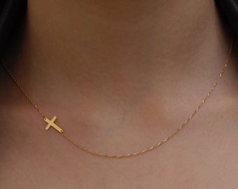 14K Solid Gold Seitlich Kreuz Halskette Frauen, Gold Kruzifix Halskette, Horizontale Kreuz Halskette, Zierliche Kreuz Halskette, Muttertagsgeschenk