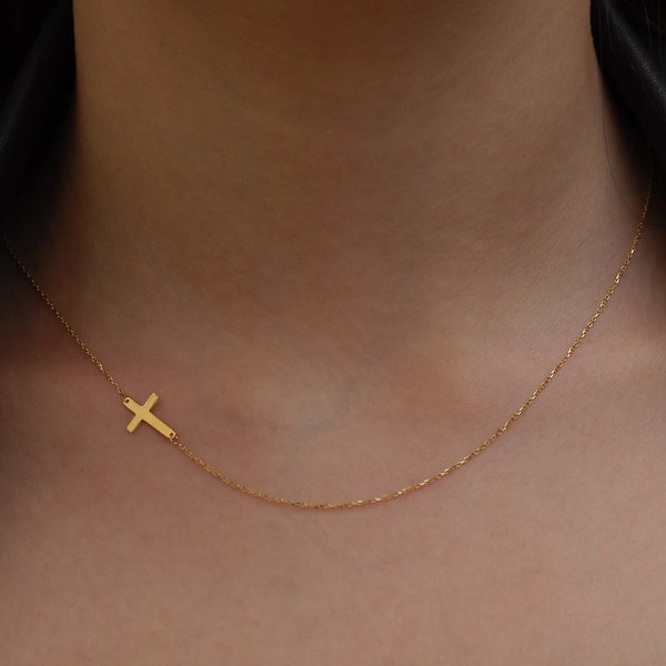 Collier croix latérale en or massif 14 carats pour femme, collier crucifix en or, collier croix horizontale, collier croix fine, cadeaux pour la fête des mères