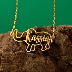 14K Solid Gold Elephant Name Necklace, Elephant Necklace for Women, Elephant Pendant, Elephant Gifts, 13th Birthday Gift, Gift for Woman