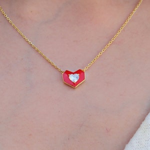 14K Gold Vermeil Red Heart Necklace, Love Necklace, Dainty Heart Necklace for Women, Necklace with Heart Pendant, Gift for Woman