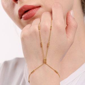 18K Gold Vermeil Beaded Hand Chain, Slave Bracelet, Finger Chain Bracelet, Layering Bracelet, Birthday Gift, Summer Jewelry