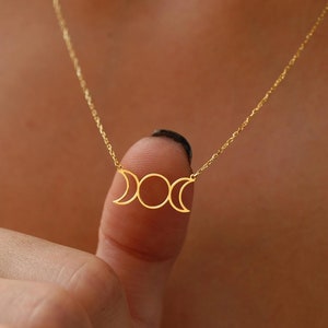 14K Solid Gold Triple Moon Necklace, Moon Phase Necklace, Gold Moon Necklace, Triple Goddess Necklace, Moon Jewelry, Birthday Gift