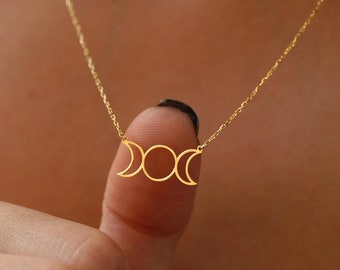 Dreifache Mondkette aus 14-karätigem Gold, Mondphasenkette, Goldene Mondkette, Dreifache Göttinnenkette, Mondschmuck, Geburtstagsgeschenk