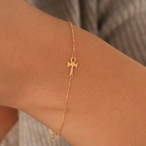 14K Solid Real Gold Ankh Bracelet, 14K Dainty Crucifix Ankh Bracelet for Kids and Baby, Baptism Gift, Cross Jewelry, Birthday Gift