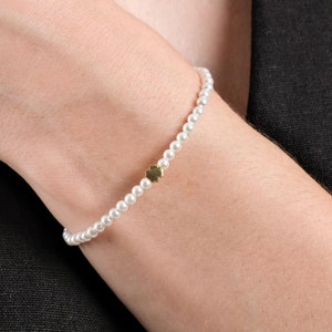 18K Gold Vermeil Clover Bracelet, Pearl Bracelet, Four Leaf Clover Bracelet, Lucky Bracelet, Birthday Gift for Best Friend, Gift for Her