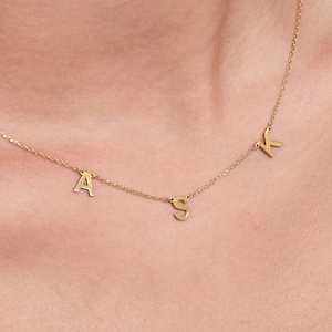 14K Solid Gold 3 Initial Necklace, Multiple Initial Necklace, Spaced Letter Necklace, Personalized Jewelry, Birthday Gift