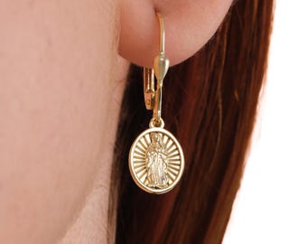 14K Gold Plated Miraculous Medal Earrings, Leverback Earrings, Christmas Gift Mom