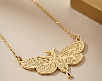 14K Solid Gold Moth Necklace, Insect Necklace, Luna Moth Necklace, Witch Jewelry, Moth Wings Necklace, Moth Pendant, Birthday Gift Her