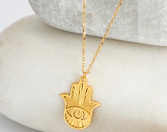 14K Solid Gold Hamsa Necklace, Protection Necklace, Hamsa Hand Pendant, Hamsa Evil Eye Necklace, Hamsa Pendant, Hand of Hamsa, Gift for Mom