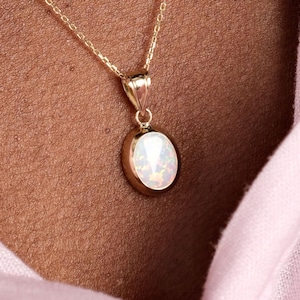 14K Solid Gold White Opal Necklace, Dainty Oval Opal Necklace, Opal Necklace for Bridal, Gift for Woman